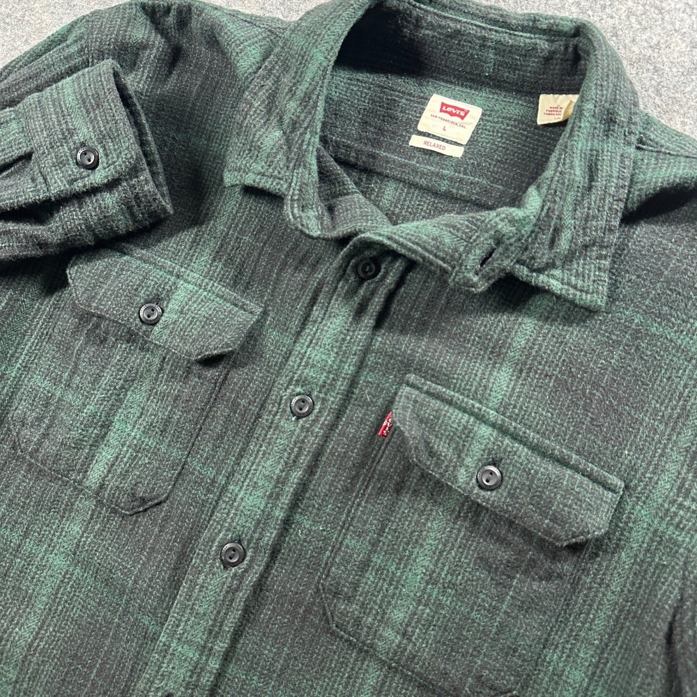 Levis Flannel Shirt Mens Large Green Black Relaxed Fit Plaid Button Up Pocket
